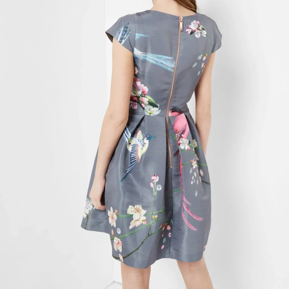 Ted Baker Gray Bir Print Dress Size 0 US size 2 - Picture 2 of 8